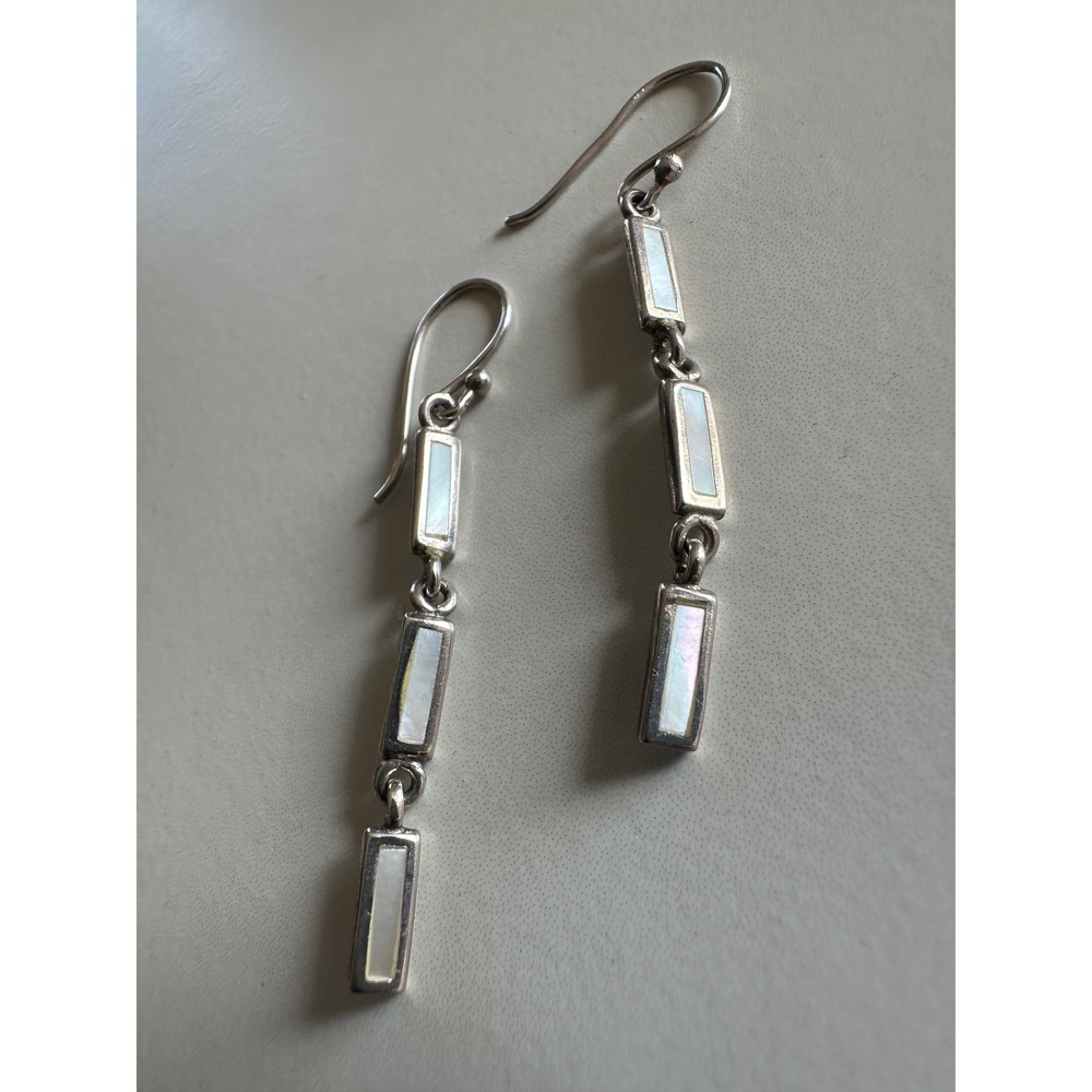 Sterling Silver Mother of Pearl Triple Drop Dangle Earrings 925 Geometric Bar